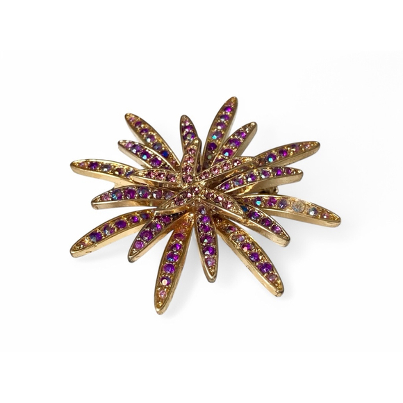Vintage Purple Aurora Borealis Austrian Crystal Goldtone Starburst Brooch Pin. - Picture 1 of 5
